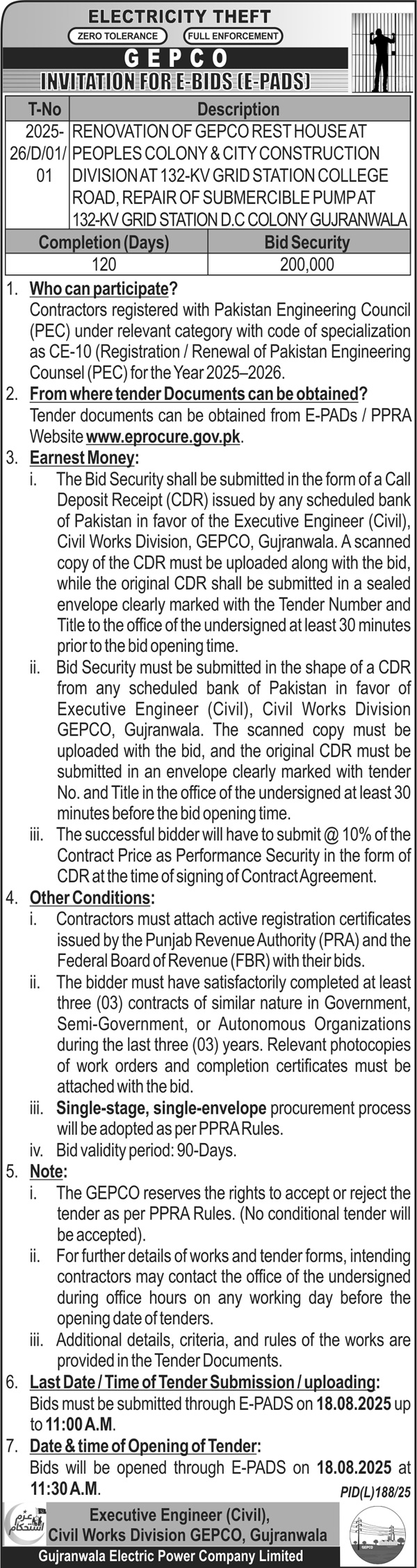 GEPCO Gujranwala Tender Notice